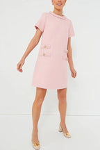 Tweed Braided Trim Crew Neck Button Welt Shift Mini Dress