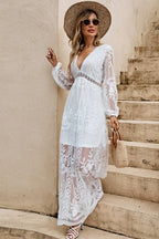 White Deep V Neck Embroidered Mesh Balloon Sleeve Empire Waist Maxi Dress