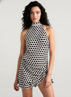 Mock Neck Halter Polka Dot Ruched Asymmetric Ruffle Hem Mini Dress