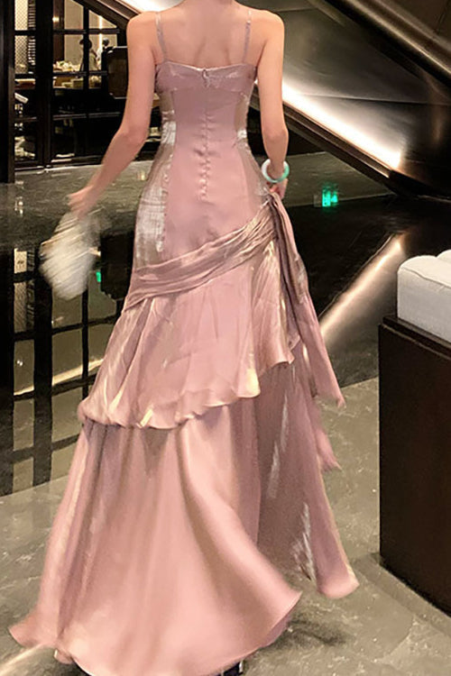 Sweetheart Spaghetti Strap Ruched Knot Detail Tiered Mermaid Maxi Gown