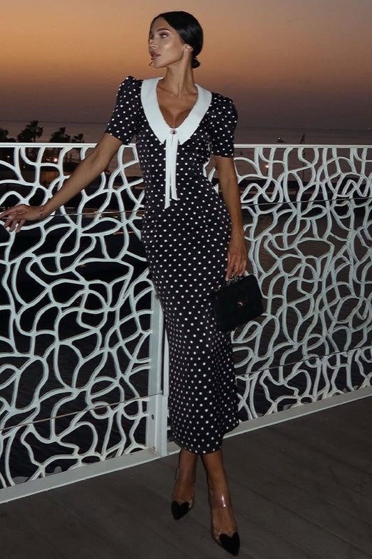 Polka Dot Oversized Collar Puff Sleeve Neck Tie Bodycon Midi Dress