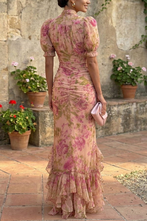 Unique Print Stand Collar Puff Sleeve Slim Fit Ruffle Maxi Dress