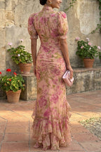 Unique Print Stand Collar Puff Sleeve Slim Fit Ruffle Maxi Dress