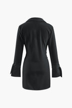 Collar Deep V Neck Tie Cuff Wrap Shirt Mini Dress