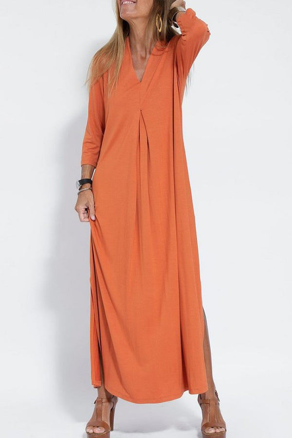 V-Neck Three Quarter Sleeve Relaxed Side Slit Maxi Dress