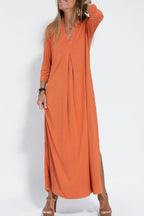 V-Neck Three Quarter Sleeve Relaxed Side Slit Maxi Dress