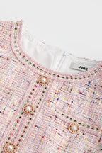 Tweed Jewel Button Patch Pocket Embellished Trim Mini Dress