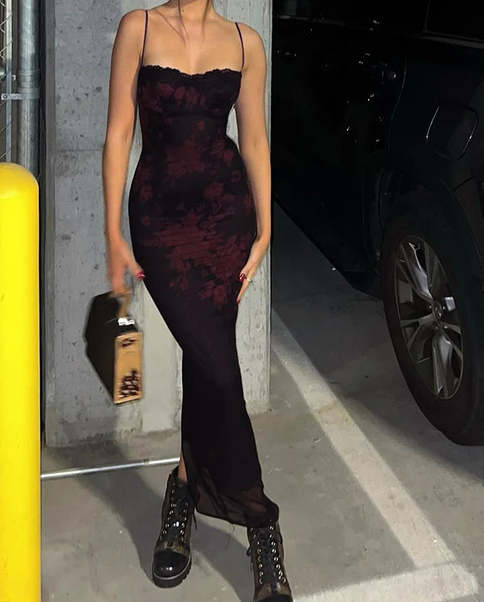 Floral Lace Trim Spaghetti Strap Bodycon Maxi Dress