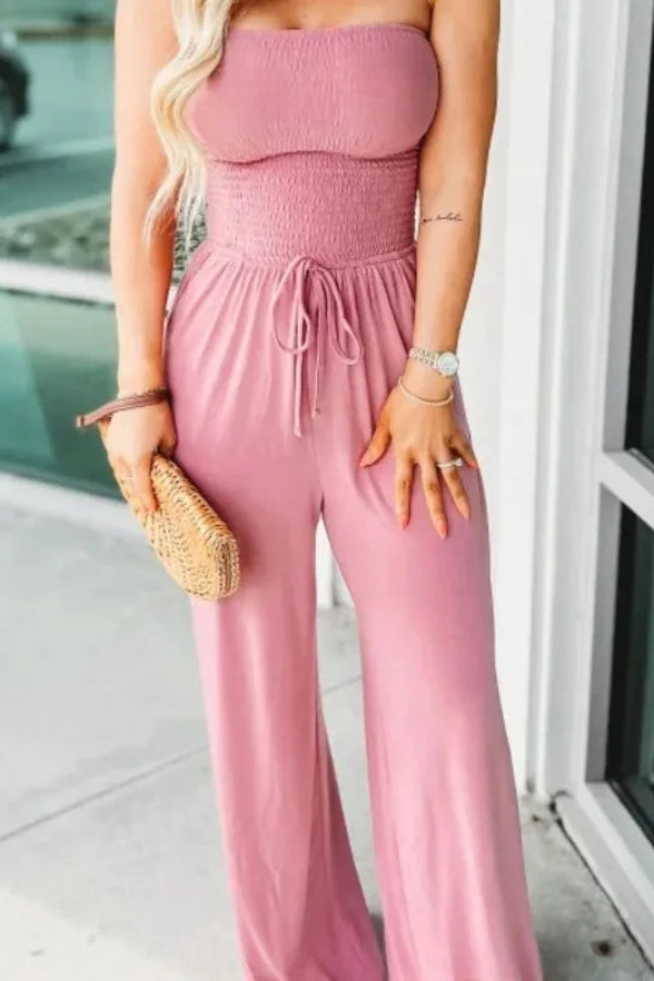 Solid Color Sleeveless Off-shoulder Pleated Loose Pocket Casual Wide-leg Jumpsuit