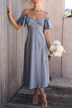 Satin Off Shoulder Flutter Sleeve Sweetheart Ruched Side Slit Midi Dress