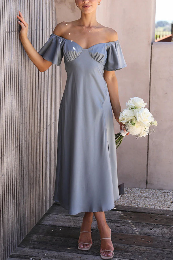 Satin Off Shoulder Flutter Sleeve Sweetheart Ruched Side Slit Midi Dress
