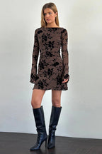Velvet Floral Flocked Slim Fit Long Sleeve Mini Party Dress