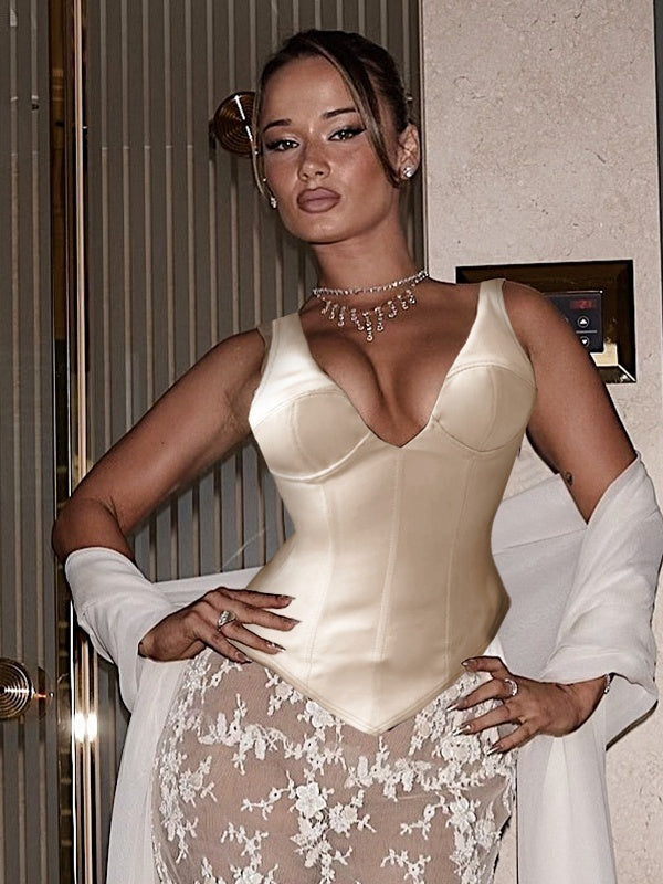 Champagne-colored Satin Belted V-neck Tank Top