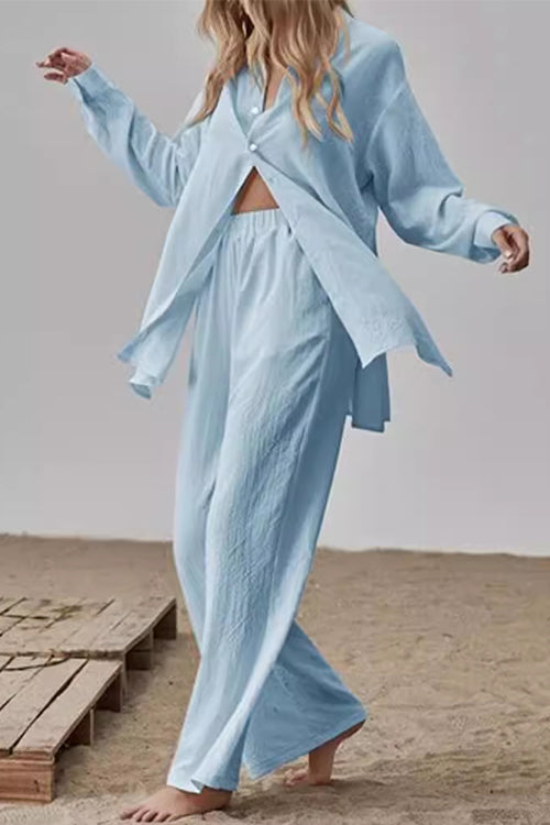 Long Sleeves Side Slit Blouse Shirt Elastic Waist Wide Leg Pants Set