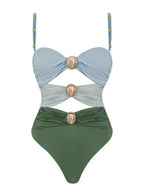 Solid Color Patchwork One-piece Swimsuit Cover-up Skirt Two-piece Set