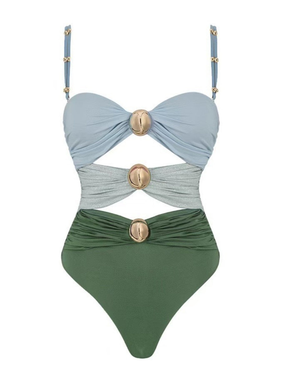 Solid Color Patchwork One-piece Swimsuit Cover-up Skirt Two-piece Set