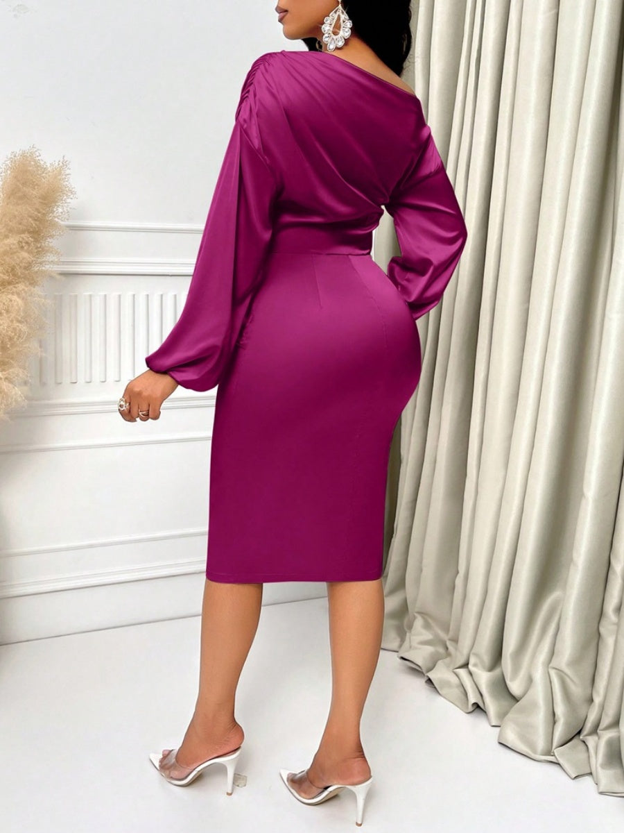Long Sleeve Sloping Shoulders Pleated Solid Color Satin Maxi Dresses