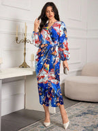 Printed V-neck Cardigan With Belt Midi Dresses
