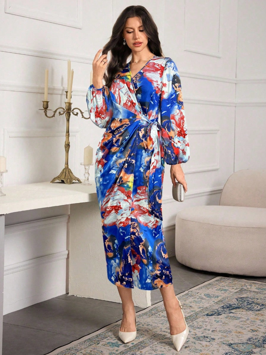 Printed V-neck Cardigan With Belt Midi Dresses