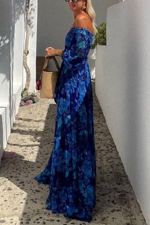 Off Shoulder Waisted Floral Maxi Swing Dress