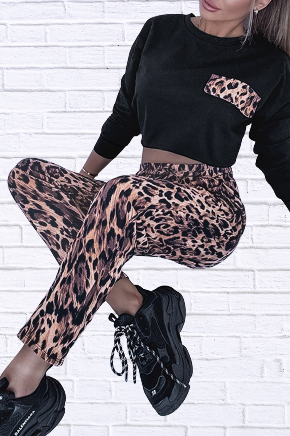 Round Neck Top and Leopard Pants Set _ Women__ Two-Piece Casual Chic Outfit for Everyday Style
