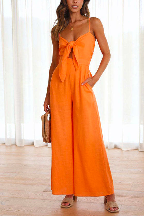 Knot Front Cut Out Wide Leg Cami Jumpsuit