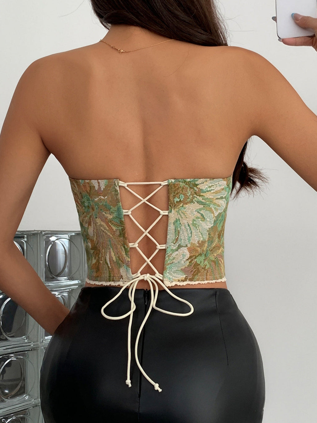 Floral Print Strapless Lace Tethered Fish Bones Strapless Bra