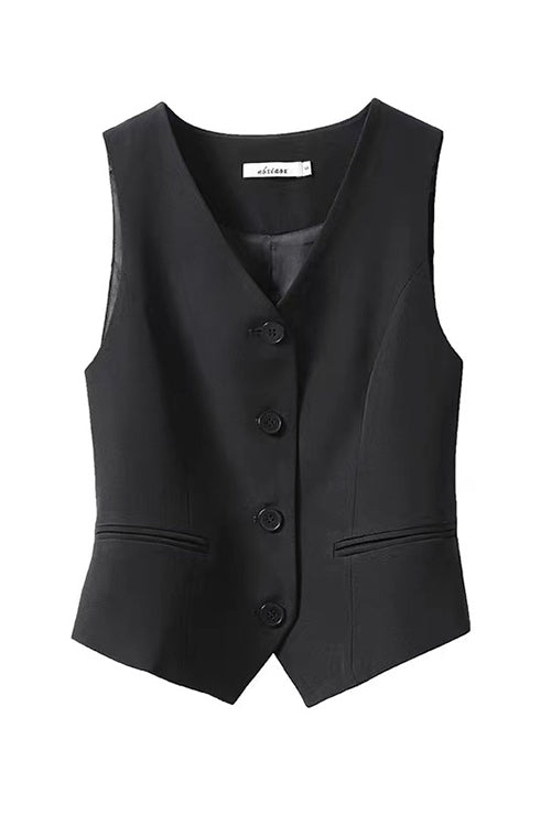 V Neck Button Up Pocketed Blazer Vest