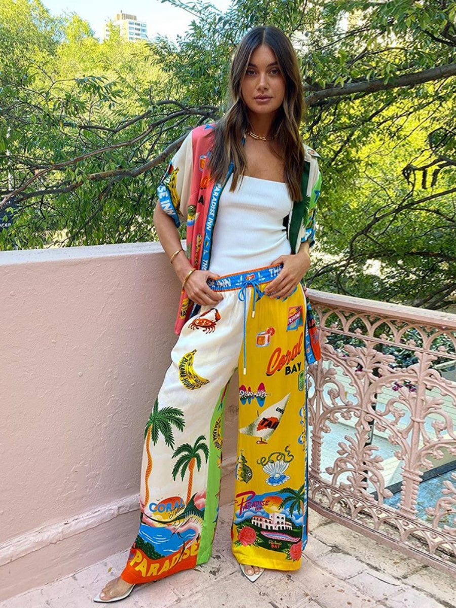 Printed Vacation Long-sleeved Shirt Pants Wide Leg Set 2-piece Sets