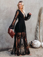 Lace Long-sleeved V-neck Solid Color Chiffon Long Dress