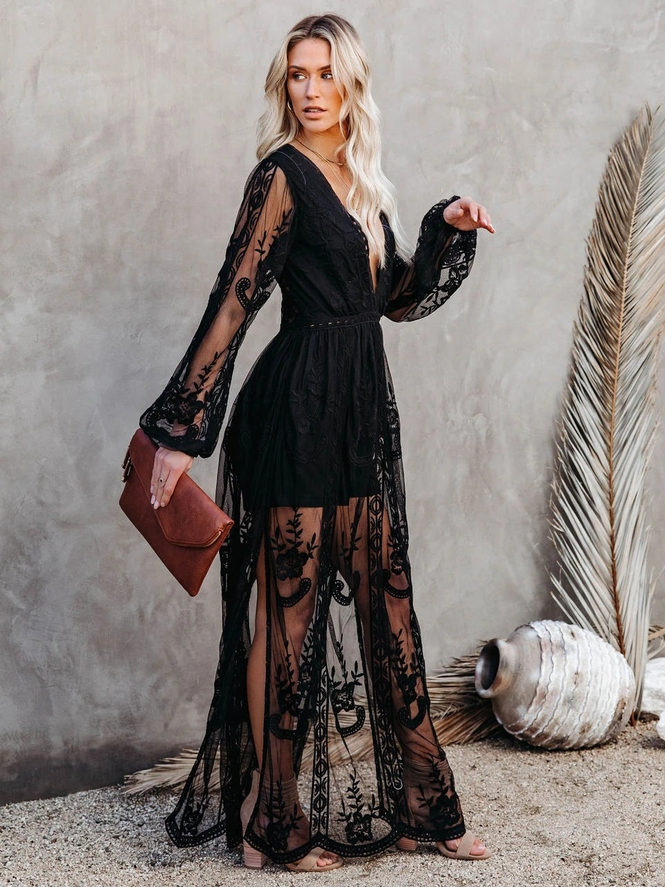 Lace Long-sleeved V-neck Solid Color Chiffon Long Dress