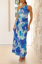 One Shoulder Sleeveless Cut Out Printed Swing Maxi Dress