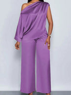 Satin Sloping Shoulders Short Sleeve Jacket Wide-leg Pants Set 2-piece Sets