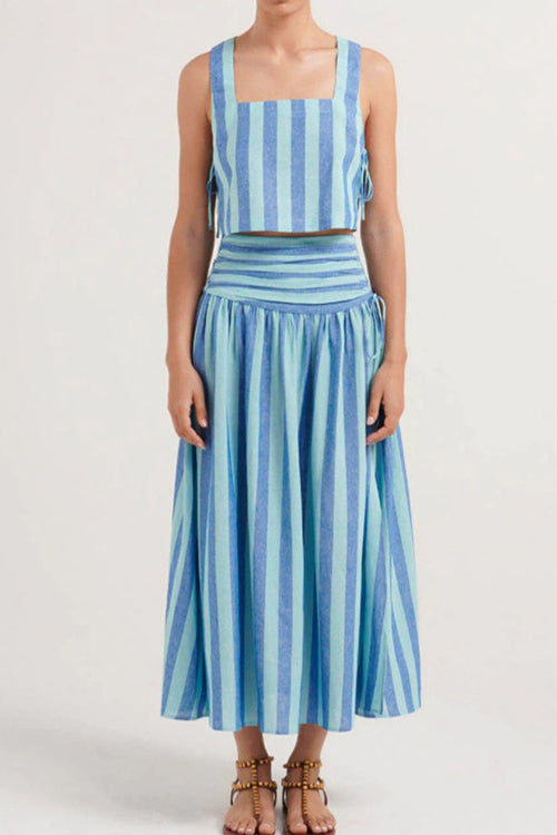Striped Square Collar Crop Tank Top and Slit Maxi Skirt Set