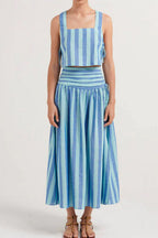Striped Square Collar Crop Tank Top and Slit Maxi Skirt Set
