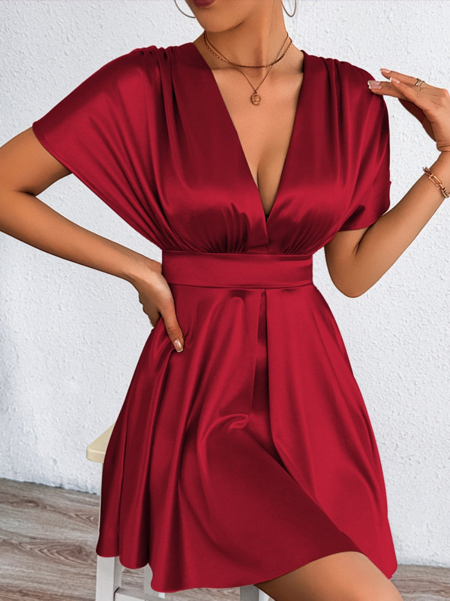 V-neck, Fitted Waist, Zippered, Glossy Short Dress