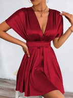 V-neck, Fitted Waist, Zippered, Glossy Short Dress