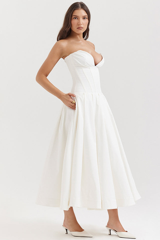 Strapless Plunging V-Neck Corset Bodice Box Pleat A-Line Midi Dress