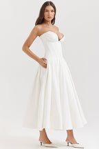 Strapless Plunging V-Neck Corset Bodice Box Pleat A-Line Midi Dress