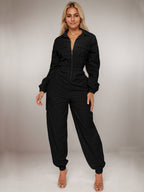 Flap Pocket Long Sleeve Waist Zipper Jumpsuits