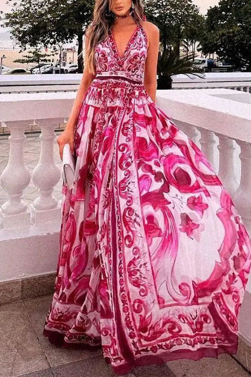 Halter V Neck Open Back Waisted Bohe Print Maxi Swing Dress