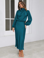 Satin Long Sleeve Zipper Solid Color Maxi Dresses
