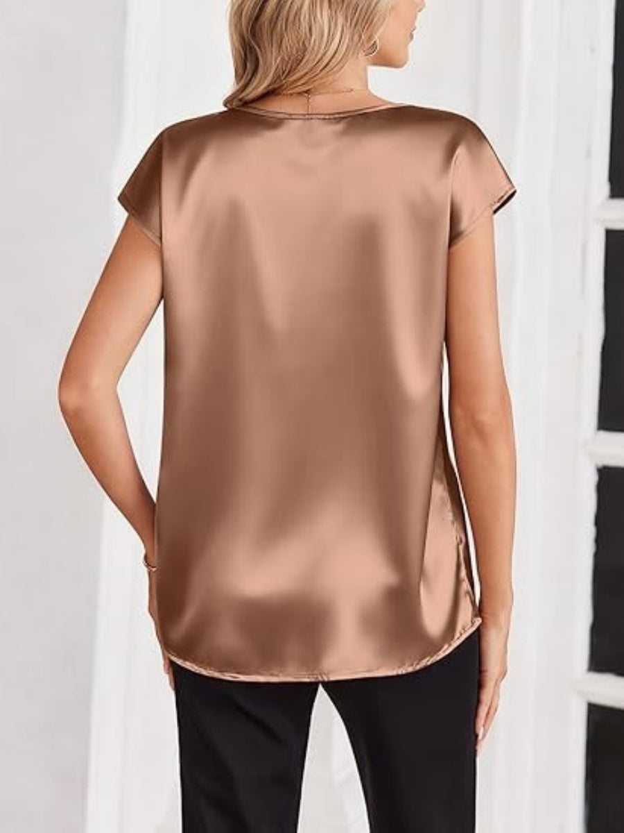 V-neck Satin Leisure Solid Color T-shirts
