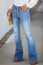 Flare Bottoms Ripped Buttons Jeans