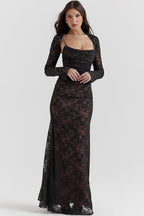 Square Neck Floral Lace Horizontal Ruching Long Sleeve Maxi Gown