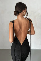 Tie Shoulder Deep Open Back Ruched Bodycon Maxi Dress