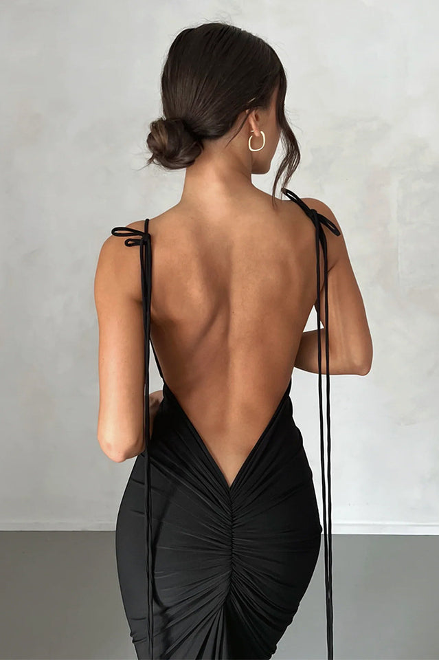 Tie Shoulder Deep Open Back Ruched Bodycon Maxi Dress