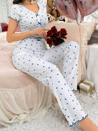 Heart-print Bow V-neck Short-sleeved Trousers Set That Can Be Worn As Loungewear