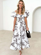 Printed Puff Sleeve Sweetheart Collar Vacation Maxi Dresses