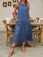 Pullover Crew Neck Sleeveless Pocket Solid Color Midi Dresses